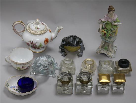 A group of assorted glass inkwells, a Dresden porcelain teapot and sundries